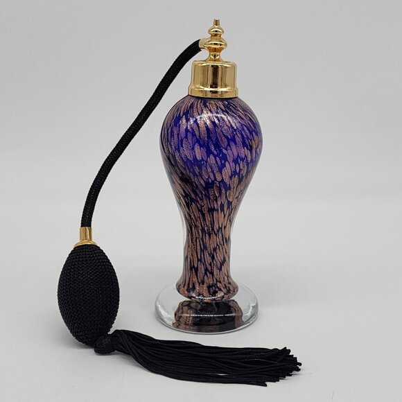 Cobalt Blue & Gold Flecks Perfume Atomizer Cased Glass Hand Blown Tassel VTG - Picture 1 of 9